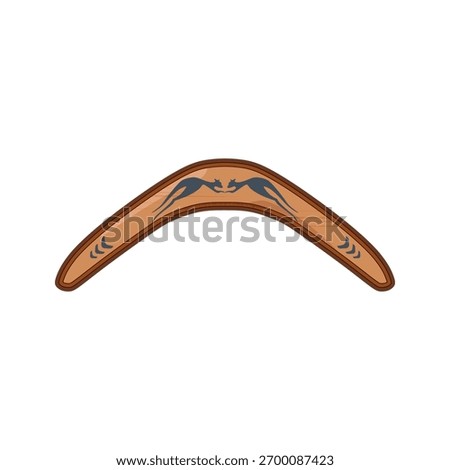 Realistic colored boomerang vector featuring wooden texture and kangaroo pattern, symbolizing Australian culture and aboriginal heritage.
