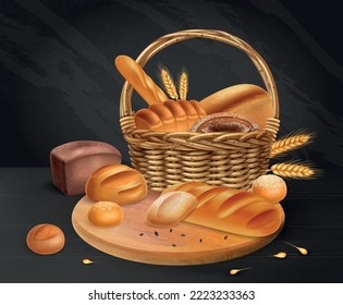 Realistic and colored bread chalkboard baking basket on wooden cutting board and different types of bread vector illustration