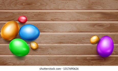 Realistic colored Easter eggs with shadows on wooden planks