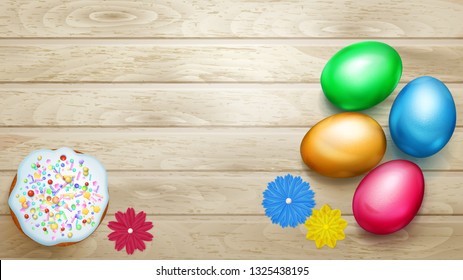 Realistic colored Easter eggs and tasty cake on wooden planks