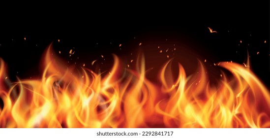 Realistic and colored flame fire concept long flames on a dark background vector illustration