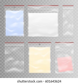 Realistic colored full and empty plastic bag icon set on transparent background vector illustration