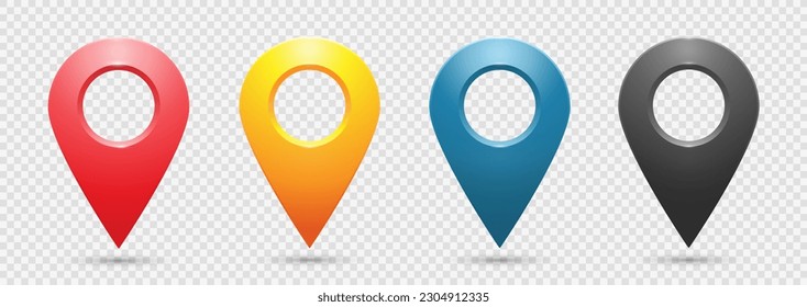 Iconos de geolocalización de color realista en un fondo transparente. Un conjunto de cuatro iconos de código pin del mapa de geolocalización. EPS vectorial 10.