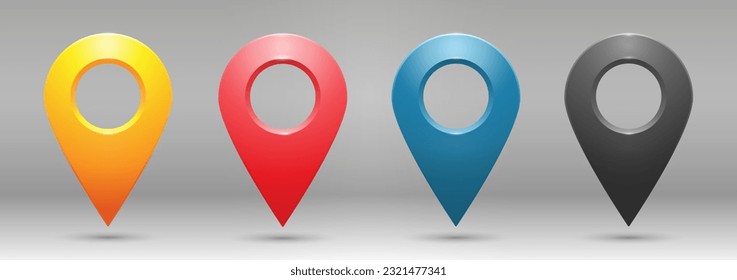 Realistic colored geolocation icons on a gray gradient background. A set of four pin-code icons of the geolocation map. Vector illustration.