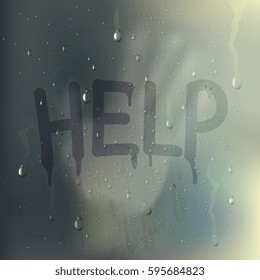 Realistic colored help word on misted glass composition with hand on background vector illustration