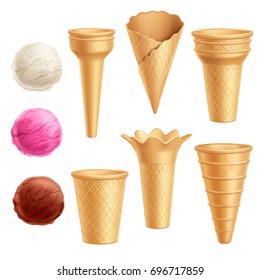 Realistic colored and isolated ice cream icon set with cones scoops and three flavors of ice cream vector illustration