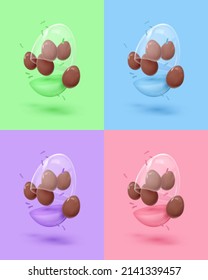 Realistic colored open glossy egg with glass dome, chocolate mini eggs, serpentine. Happy Easter poster. Vector illustration for card, party, design, flyer, banner, web, advertising.