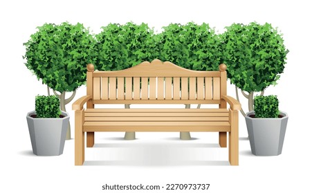 Realistic colored park bench composition wooden bench with a carved back is placed on the outdoor vector illustration