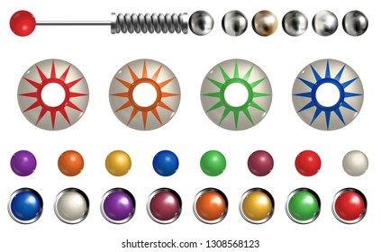 Realistic colored pinball elements. Realistic pinball set with different tools. Game design and creative concepts. Vector Illustration isolated on white background.