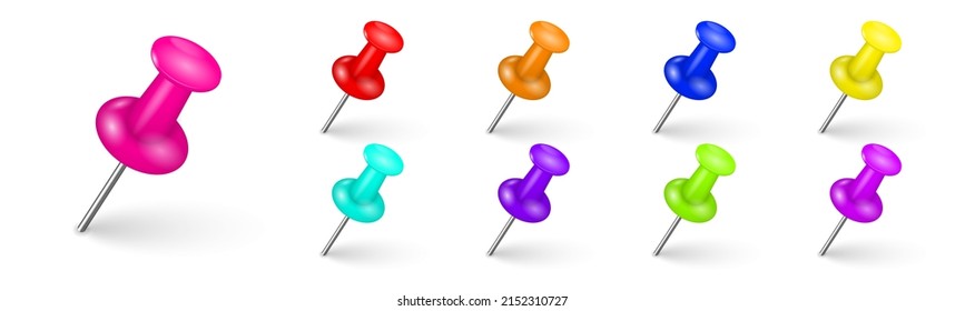 Realistic colored pointer marker pin tack pinned board pushpin organized announcement. 3d plastic pushpins, metal sewing needle or board tacks for paper notice. Set of stationery needles. Vector.