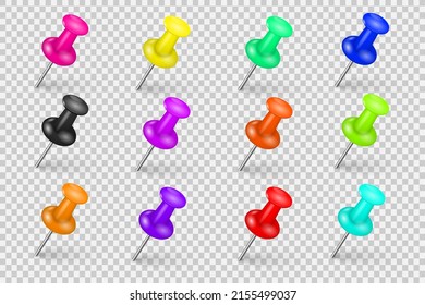 Realistic Colored Pointer Marker Pin Tack Pinned Board Pushpin Organized Announcement. 3d Plastic Pushpins, Metal Sewing Needle Or Board Tacks For Paper Notice. Set Of Stationery Needles. Vector.