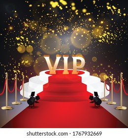 Realistic colored red carpet composition with white stairs lights confetti salute and vip abstract word on top of pedestal vector illustration 
