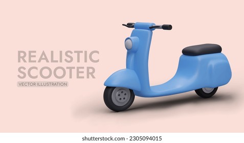 Realistic colored scooter awaits its owner. Poster with 3D figure and text. Modern advertising for website design. Sale, rent, sharing of electric scooters. Spare parts for personal vehicles