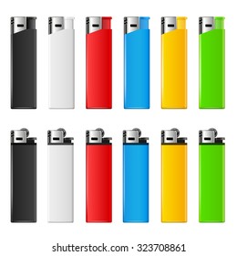 Realistic  colored set of cheap  lighters for merchandising. Vector collection