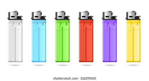 Realistic  colored set of cheap  lighters for merchandising. Vector collection