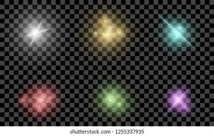 Realistic colored shine and glow effects pack isolated on transparent background. Vector illustration