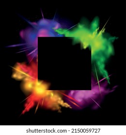 Realistic colored splashes concept with four blasts of powder and black square in the center vector illustration
