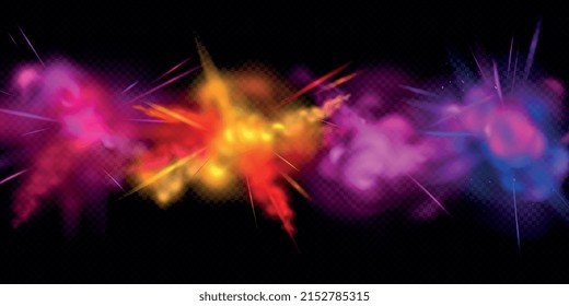Concepto de salpicaduras de color realista cuatro explosiones de polvo coloridas sobre una ilustración vectorial de fondo negro