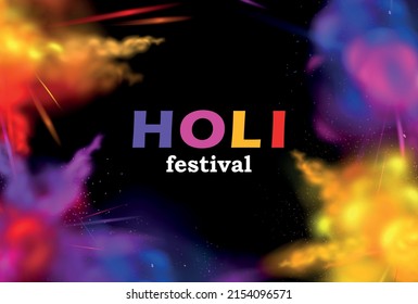 Realistic colored splashes frame with holy festival headline and four powder splashes around vector illustration