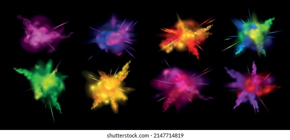 Realistic colored splashes powder icon set pink yellow green blue violet and red colors vector illustration