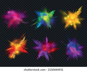Realistic colored splashes transparent icon set with six powder splashes on dark background vector illustration