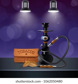 Realistic colored tobacco composition with hookah and tobacco on the table next vector illustration