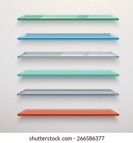 Realistic colored transparent glass wall shelves set isolated vector illustration