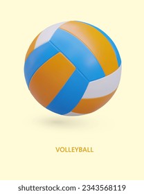 Realistic colored volleyball. Vertical advertising poster, place for announcements, offers, dates. Time to play with ball. Sports competition. Volleyball camp, school, club