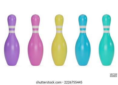 Realistic colorful 3D bowling pins set isolated on white background. Bowling pins different colors. Bowling icon. 3D Vector illustration.