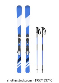 Realistic Colorful Alpine Skis And Poles Vector Illustration. Modern Skiing Equipment Isolated On White Background. Winter Sports Elements For Mountains Or Snow Movement. Active Lifestyle Outfit