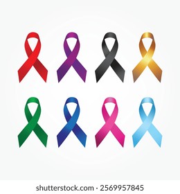 Realistic Colorful Awareness Ribbons Design Element Banner Emblem Sign Symbol Vector Illustration Various Colors 