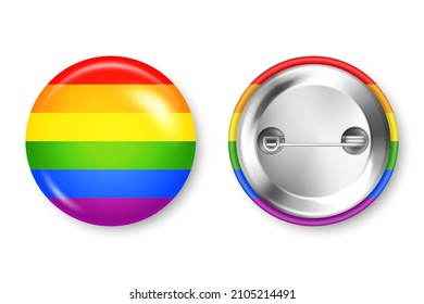 Realistic colorful badge with LGBTQ rainbow flag. Lesbian, gay, bisexual, transgender love symbol, pride month. 3D glossy round button. Pin badge mockup. Vector illustration