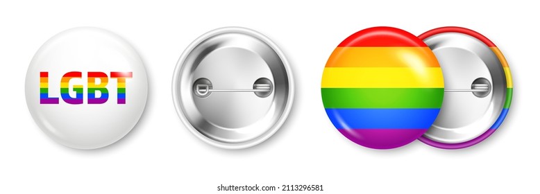 Realistic colorful badge with LGBTQ rainbow flag. Lesbian, gay, bisexual, transgender love symbol, pride month. 3D glossy round button. Pin badge mockup. Vector illustration