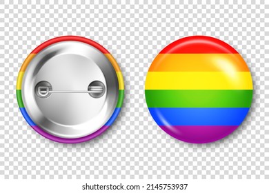 Realistic Colorful Badge With LGBTQ Rainbow Flag. Lesbian, Gay, Bisexual, Transgender Love Symbol, Pride Month. 3D Glossy Round Button. Pin Badge Mockup. Vector Illustration