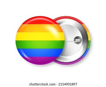 Realistic colorful badge with LGBTQ rainbow flag. Lesbian, gay, bisexual, transgender love symbol, pride month. 3D glossy round button. Pin badge mockup. Vector illustration