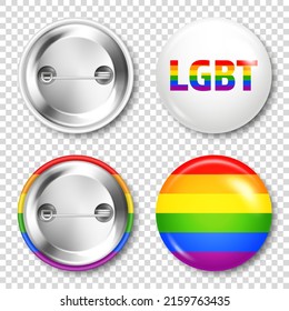 Realistic Colorful Badge With LGBTQ Rainbow Flag. Lesbian, Gay, Bisexual, Transgender Love Symbol, Pride Month. 3D Glossy Round Button. Pin Badge Mockup. Vector Illustration