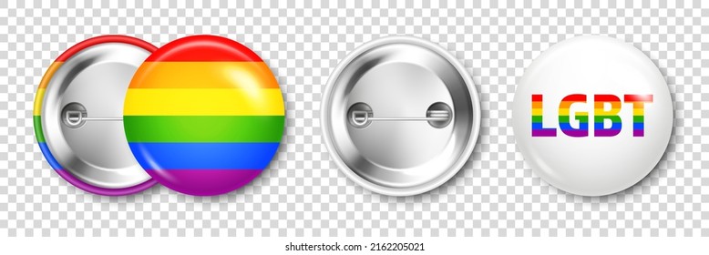 Realistic Colorful Badge With LGBTQ Rainbow Flag. Lesbian, Gay, Bisexual, Transgender Love Symbol, Pride Month. 3D Glossy Round Button. Pin Badge Mockup. Vector Illustration