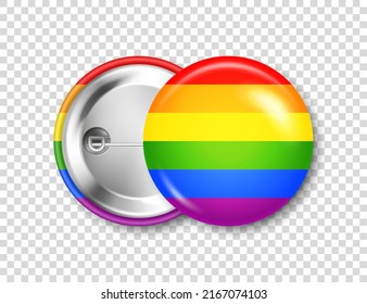 Realistic Colorful Badge With LGBTQ Rainbow Flag. Lesbian, Gay, Bisexual, Transgender Love Symbol, Pride Month. 3D Glossy Round Button. Pin Badge Mockup. Vector Illustration