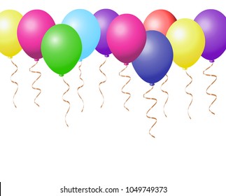 realistic colorful balloons collection varieted colors with golden ribbon vector eps10 illustration, concept of happy birthday party or celebration border