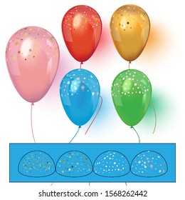 Realistic colorful balloons with confetti. Realistic vector.
