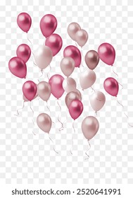Realistic Colorful Balloons Pink red Isolated on Transparent  Background. Vector Illustration a white background with holographic iridescent effect. 