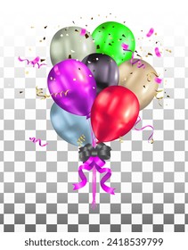 Realistic colorful balloons with ribbons and confetti. Vector illustration.