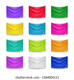 Realistic colorful banners set for advertising or announcement. Blank rectangular flag template on white background. Wavy fabric mockup with copy space. Horizontal branding object vector illustration