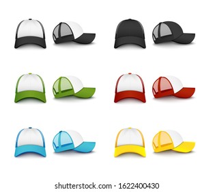 Realistic colorful baseball cap mockup set from front and side view - black and green, red and yellow and blue snapback sport hat collection. Isolated vector illustration.