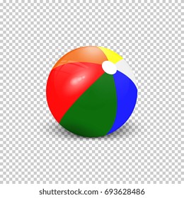 Realistic colorful beach ball on transparent background. Ball for playing with children on the water and sand. Realistic vector illustration.