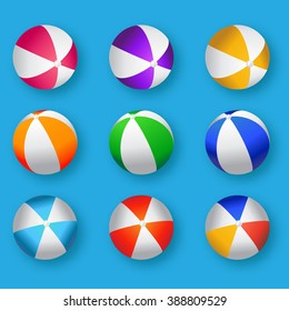 Realistic Colorful Beach Balls Illustration. Beach Balls Vector Set - Rubber or Plastic Material on Blue Background. 