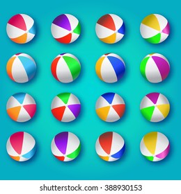 Realistic Colorful Beach Balls Illustration. Beach Balls Vector Set - Rubber or Plastic Material on Blue Background. 