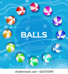 Realistic Colorful Beach Balls Illustration. Sport time. Beach Balls Vector Set - Rubber or Plastic Material on Blue Wave Background. 