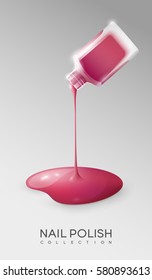 Realistic colorful beauty template with nail polish leaking out from opened bottle on gray background isolated vector illustration