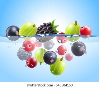 Realistic colorful berries background with black currant cranberry gooseberry blackberry dropped into water vector illustration